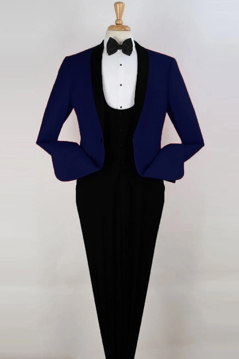 Elegante Esmoquin Azul con Chaleco y Solapa Redonda para Caballero, ¡Impecable!
